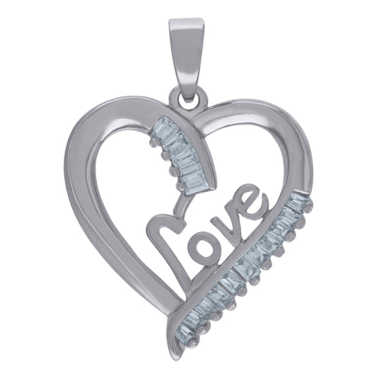 Sterling Silver Womens Baguette Cubic-Zirconia Love Heart Charm Pendant
