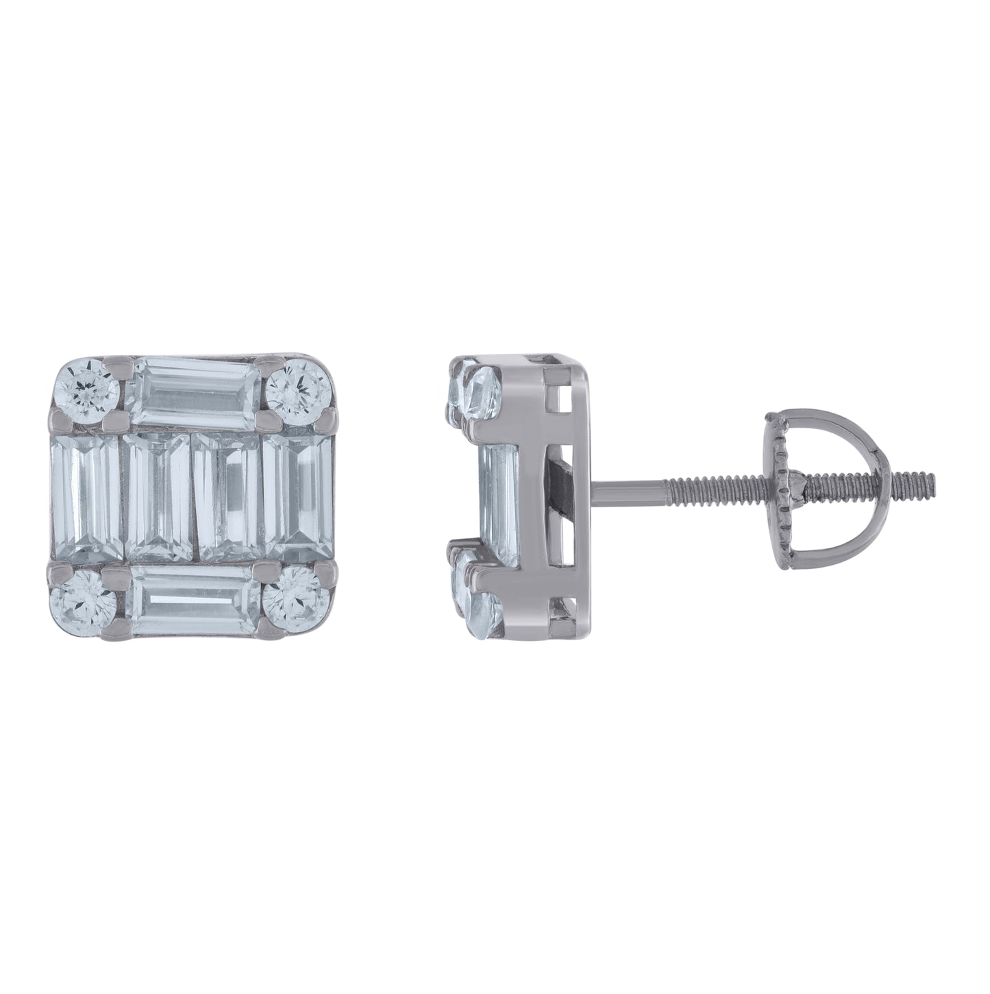 Sterling Silver Unisex Baguette Cubic-Zirconia Square Fashion Stud Earrings
