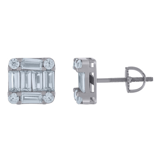 Sterling Silver Unisex Baguette Cubic-Zirconia Square Fashion Stud Earrings