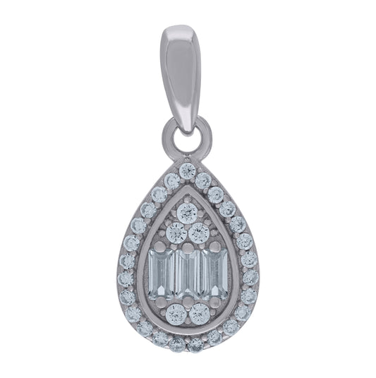 Sterling Silver Womens Baguette Cubic-Zirconia Teardrop Fashion Charm Pendant