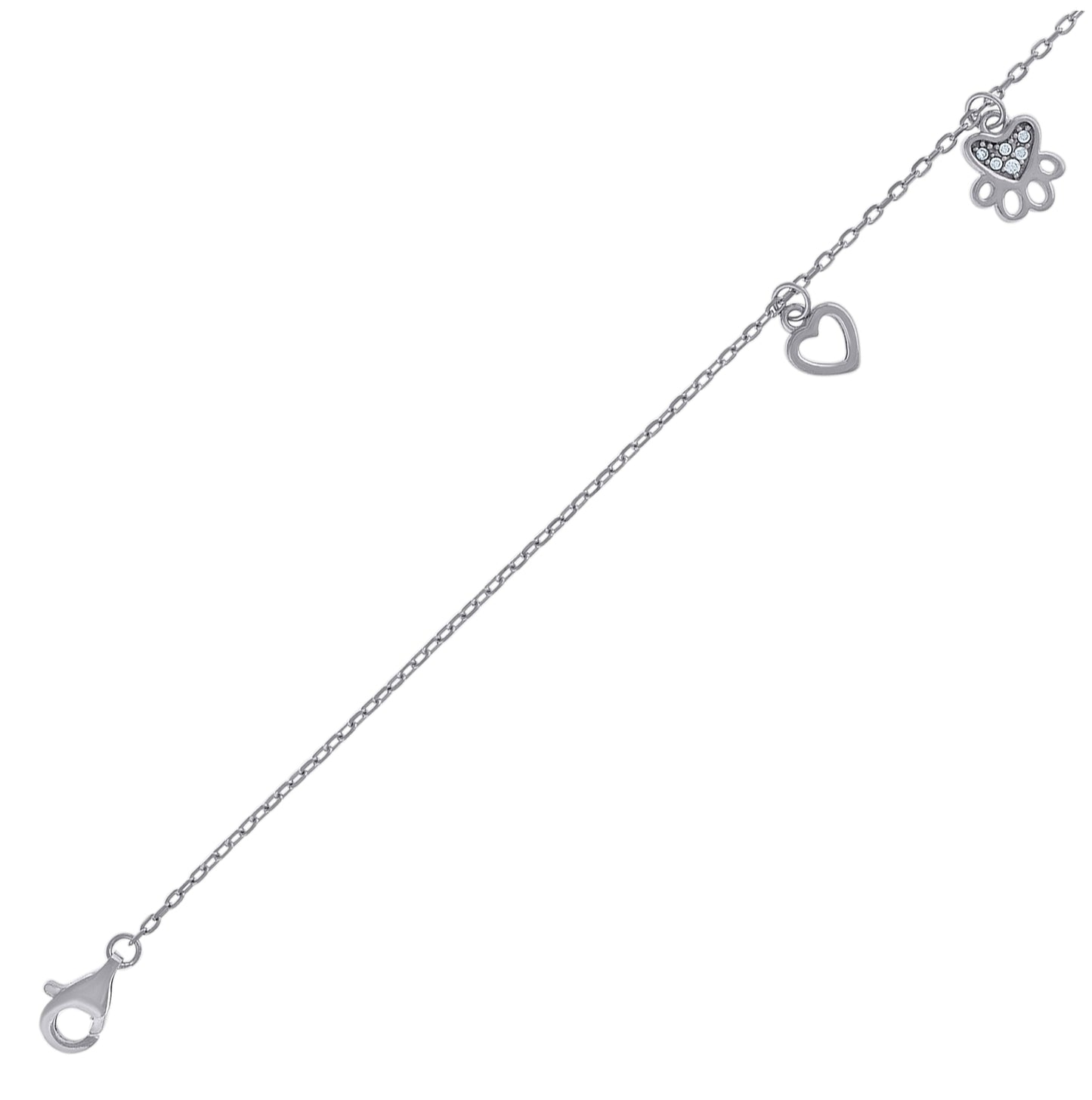 Sterling Silver Womens Cubic-Zirconia Heart & Paw Print Charms Bracelet