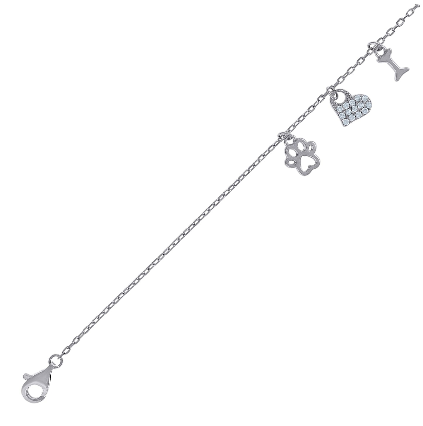 Sterling Silver Womens Cubic-Zirconia Heart & Paw Print Charms Bracelet