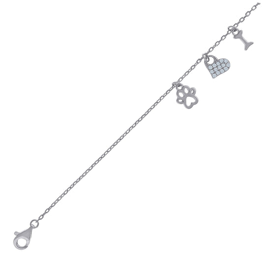 Sterling Silver Womens Cubic-Zirconia Heart & Paw Print Charms Bracelet