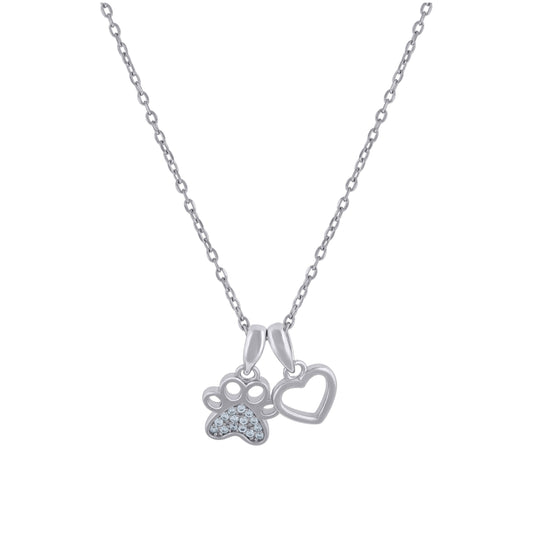 Sterling Silver Womens Cubic-Zirconia Heart & Paw Print Rolo Link Necklace