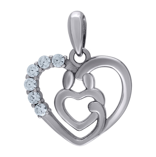 Sterling Silver Womens Cubic-Zirconia Mom Child Heart Charm Pendant