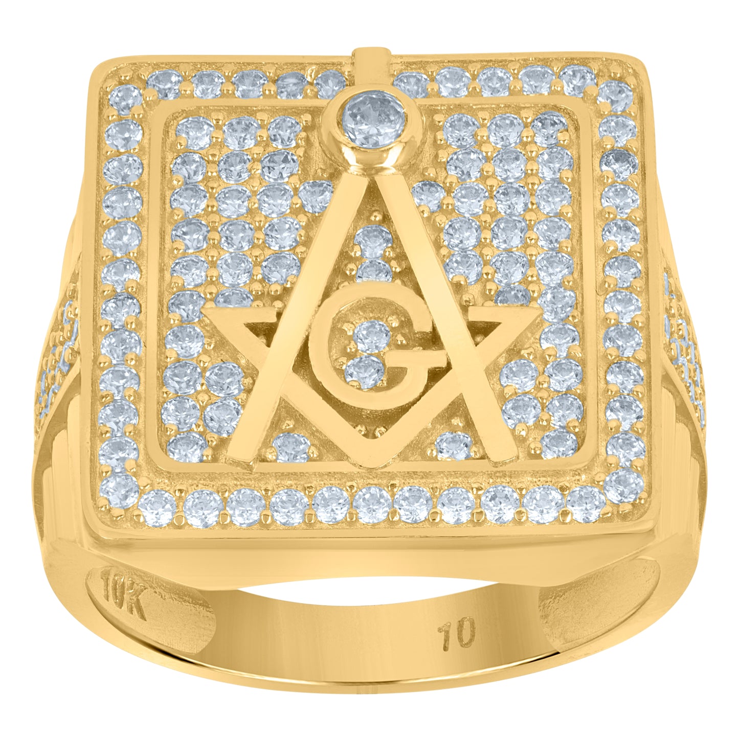 10K Yellow Gold Mens Cubic-Zirconia Masonic Symbols Religious Ring