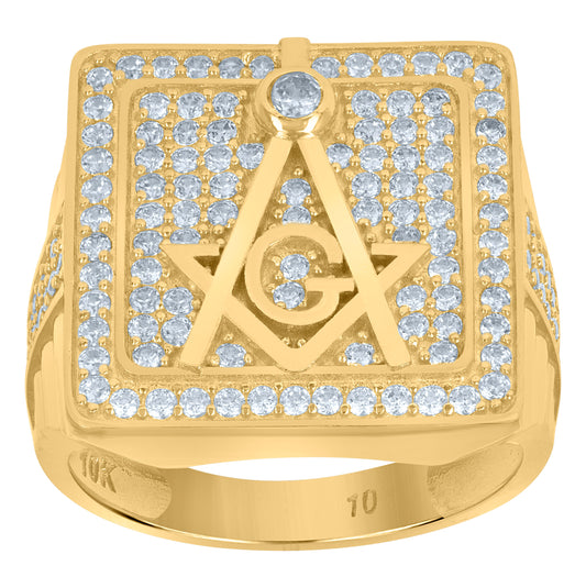 10K Yellow Gold Mens Cubic-Zirconia Masonic Symbols Religious Ring