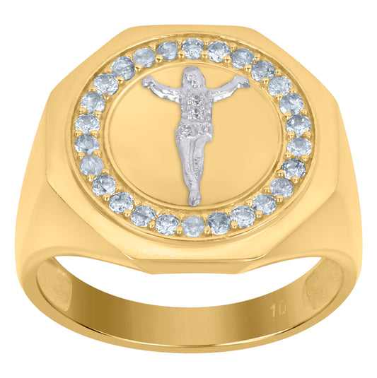10K Two-Tone Gold Mens Cubic-Zirconia Crucifix Religious Signet Ring
