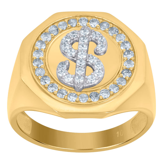 10K Two-Tone Gold Mens Cubic-Zirconia Dollar Sign Currency Signet Ring