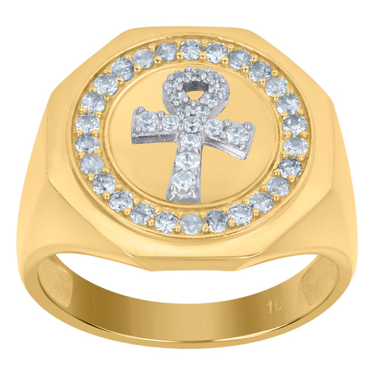 10K Two-Tone Gold Mens Cubic-Zirconia Ankh Religious Signet Ring