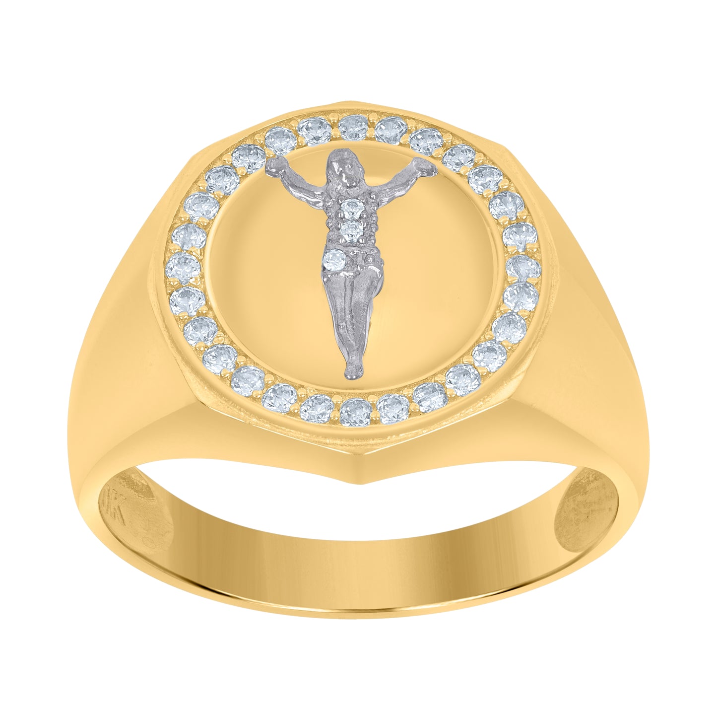 10K Two-Tone Gold Mens Cubic-Zirconia Crucifix Religious Ring