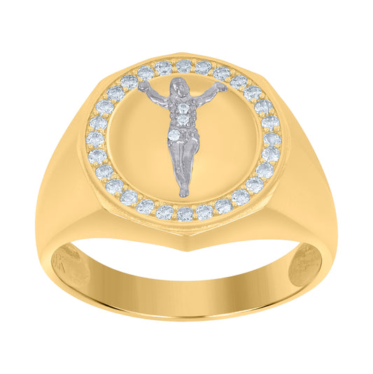 10K Two-Tone Gold Mens Cubic-Zirconia Crucifix Religious Ring