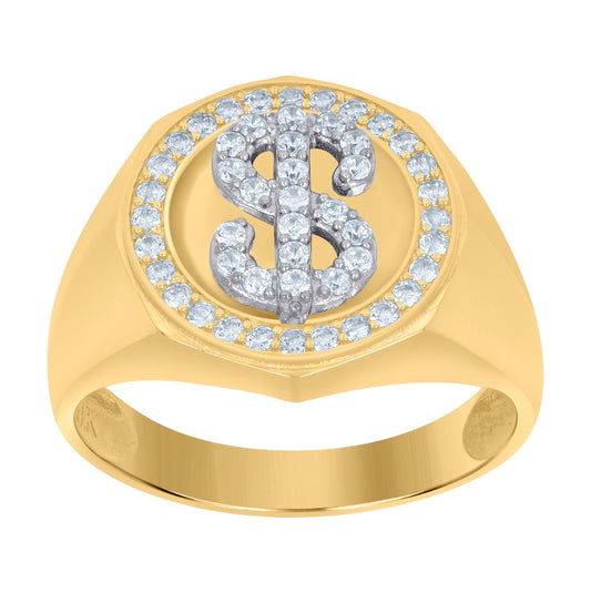 10K Two-Tone Gold Mens Cubic-Zirconia Dollar Sign Symbols Currency Ring