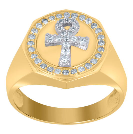 10K Two-Tone Gold Mens Cubic-Zirconia Ankh Religious Signet Ring