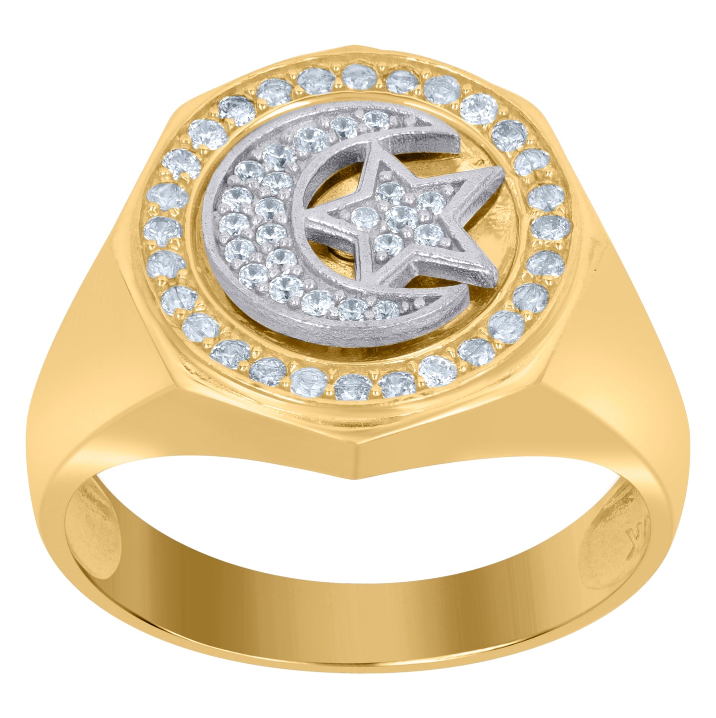 10K Two-Tone Gold Mens Cubic-Zirconia Chand Sitara Religious Signet Ring