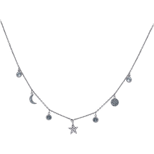 Sterling Silver Womens Cubic-Zirconia Star Moon Celestial Rolo Link Necklace