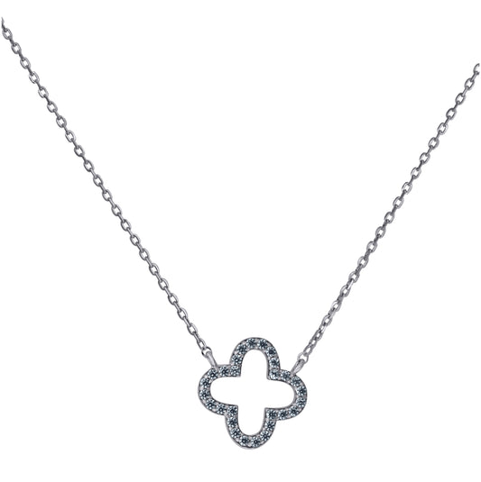 Sterling Silver Womens Cubic-Zirconia Clover Good Luck Rolo Link Necklace