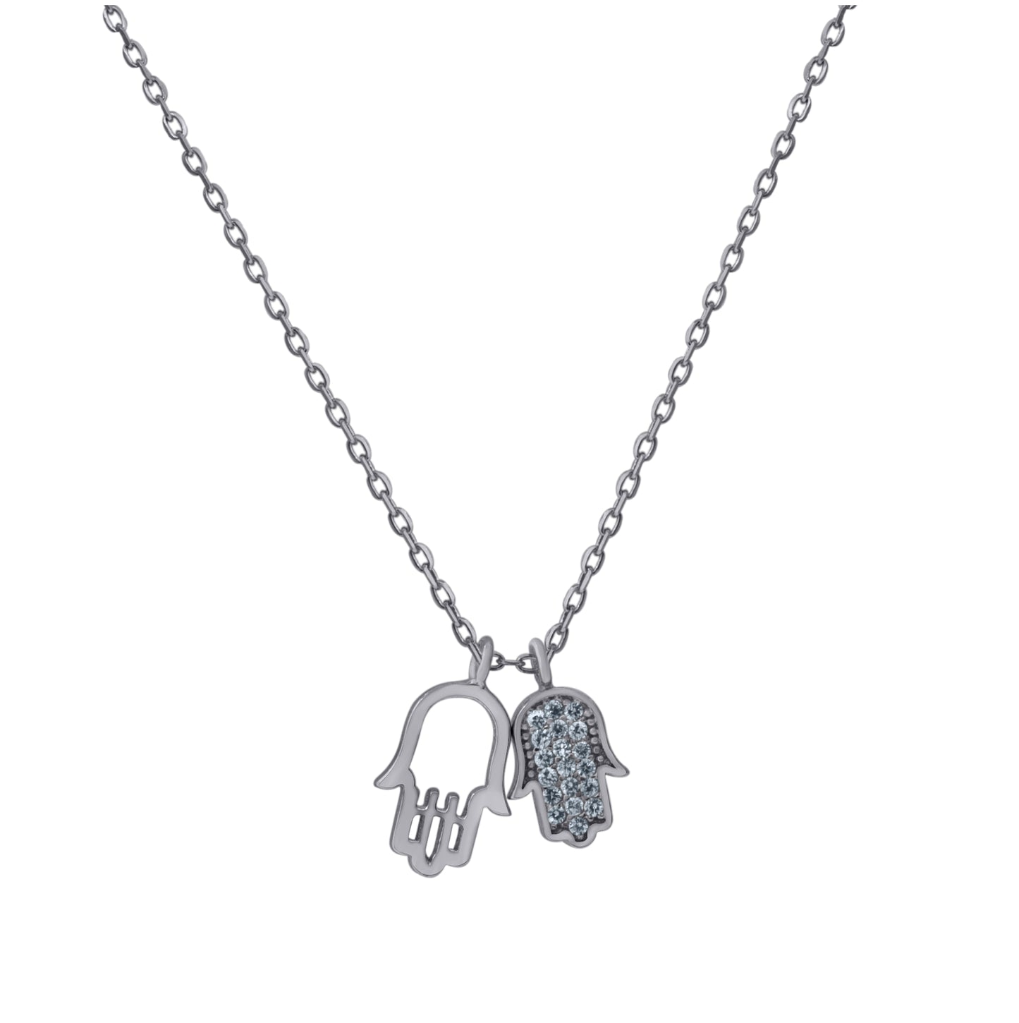 Sterling Silver Womens Cubic-Zirconia Humsa Symbol Religious Rolo Link Necklace
