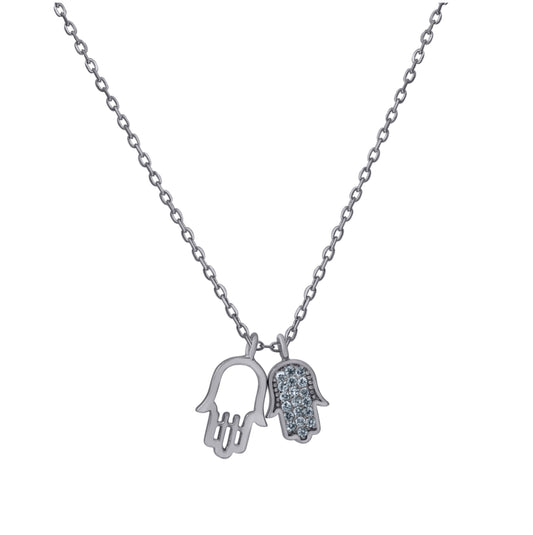Sterling Silver Womens Cubic-Zirconia Humsa Symbol Religious Rolo Link Necklace