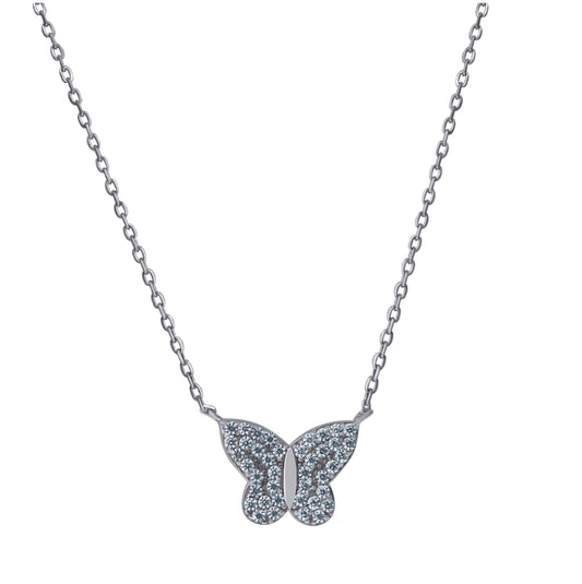 Sterling Silver Womens Cubic-Zirconia Butterfly Rolo Link Necklace