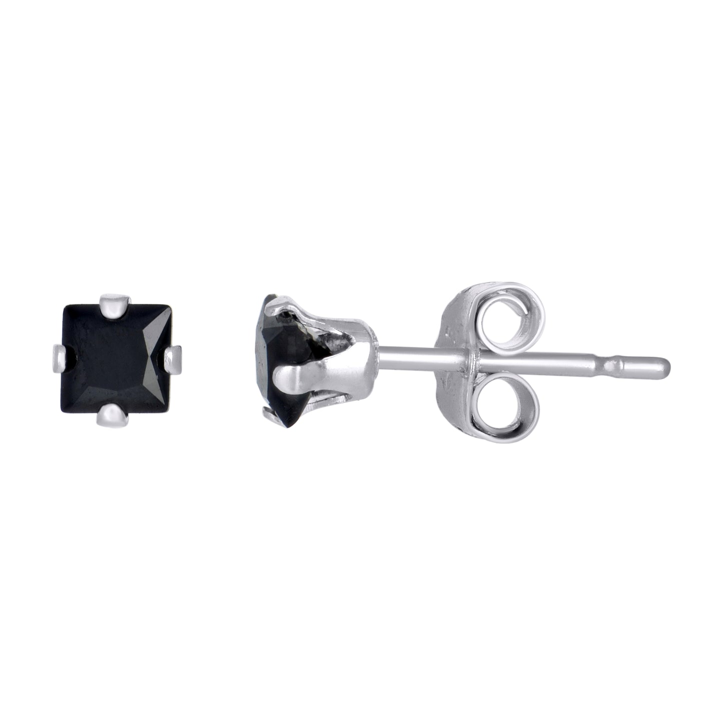 Sterling Silver Unisex Black Princess-Cut Cubic-Zirconia Square Classic Stud Earrings