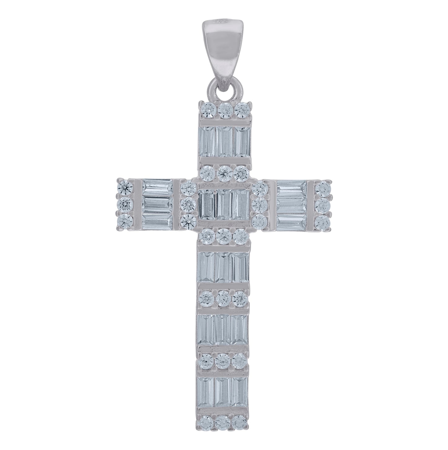 Sterling Silver Mens Baguette Cubic-Zirconia Cross Religious Charm Pendant