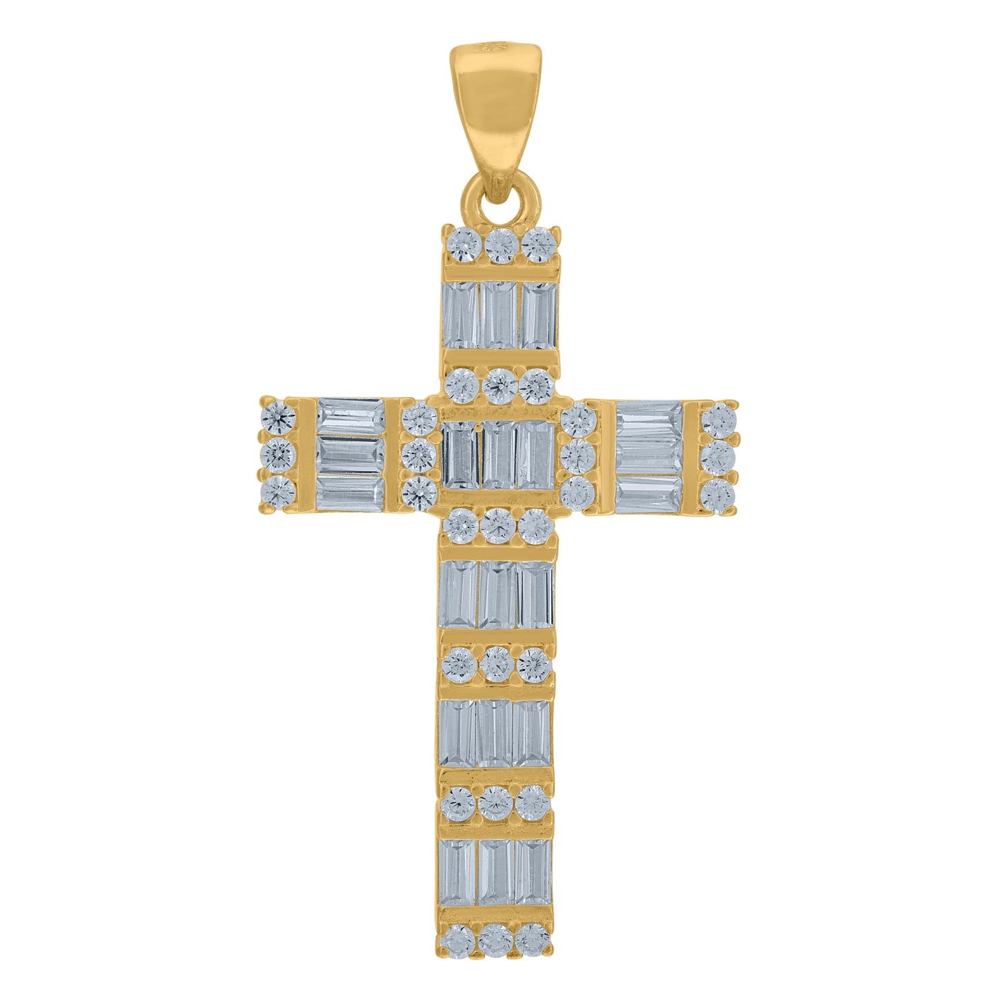 Sterling Silver Mens Baguette Cubic-Zirconia Cross Religious Charm Pendant