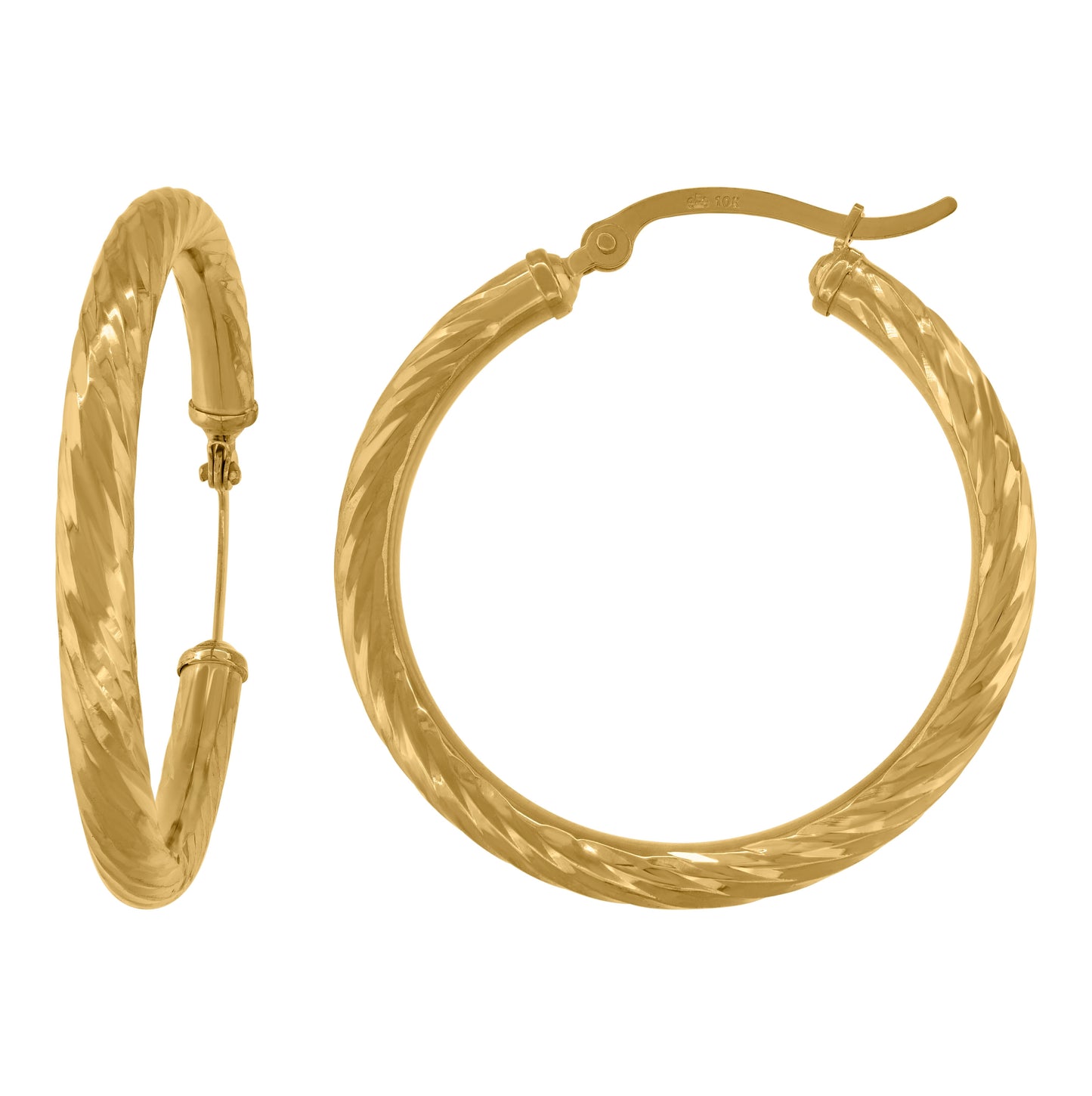 10K Yellow Gold Womens Hollow Round Twisted Tube Hoop Earrings