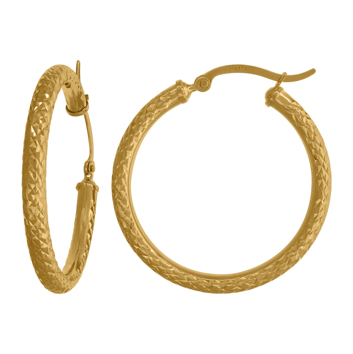 14K Yellow Gold Womens Diamond-Cut Faceted Hoop Earrings