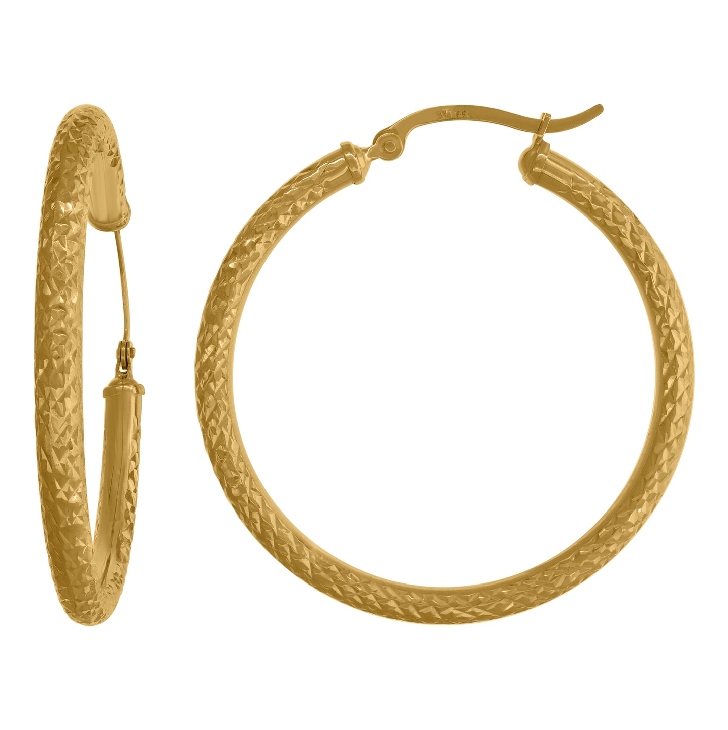 14K Yellow Gold Womens Diamond-Cut Faceted Hoop Earrings