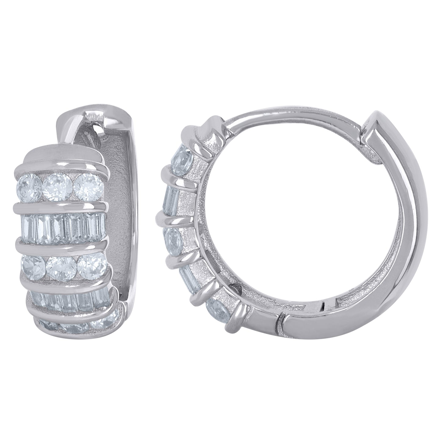 Sterling Silver Womens Baguette Cubic-Zirconia Hoop Huggies Earrings