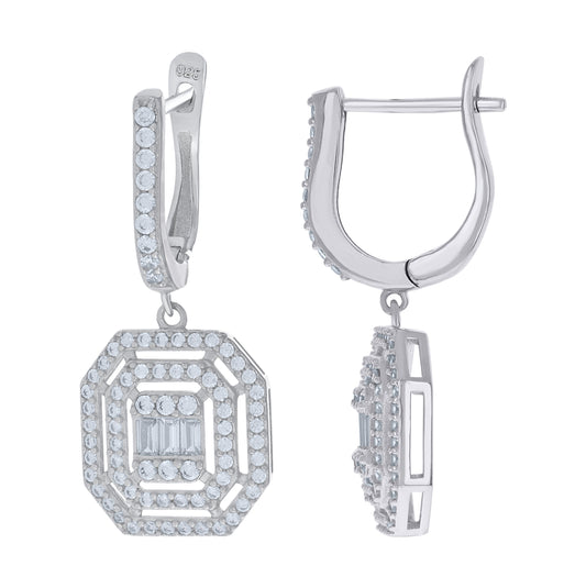 Sterling Silver Womens Baguette Cubic-Zirconia Fashion Danglers Earrings