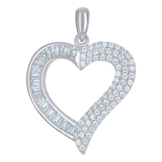 Sterling Silver Womens Baguette Cubic-Zirconia Heart Love Charm Pendant