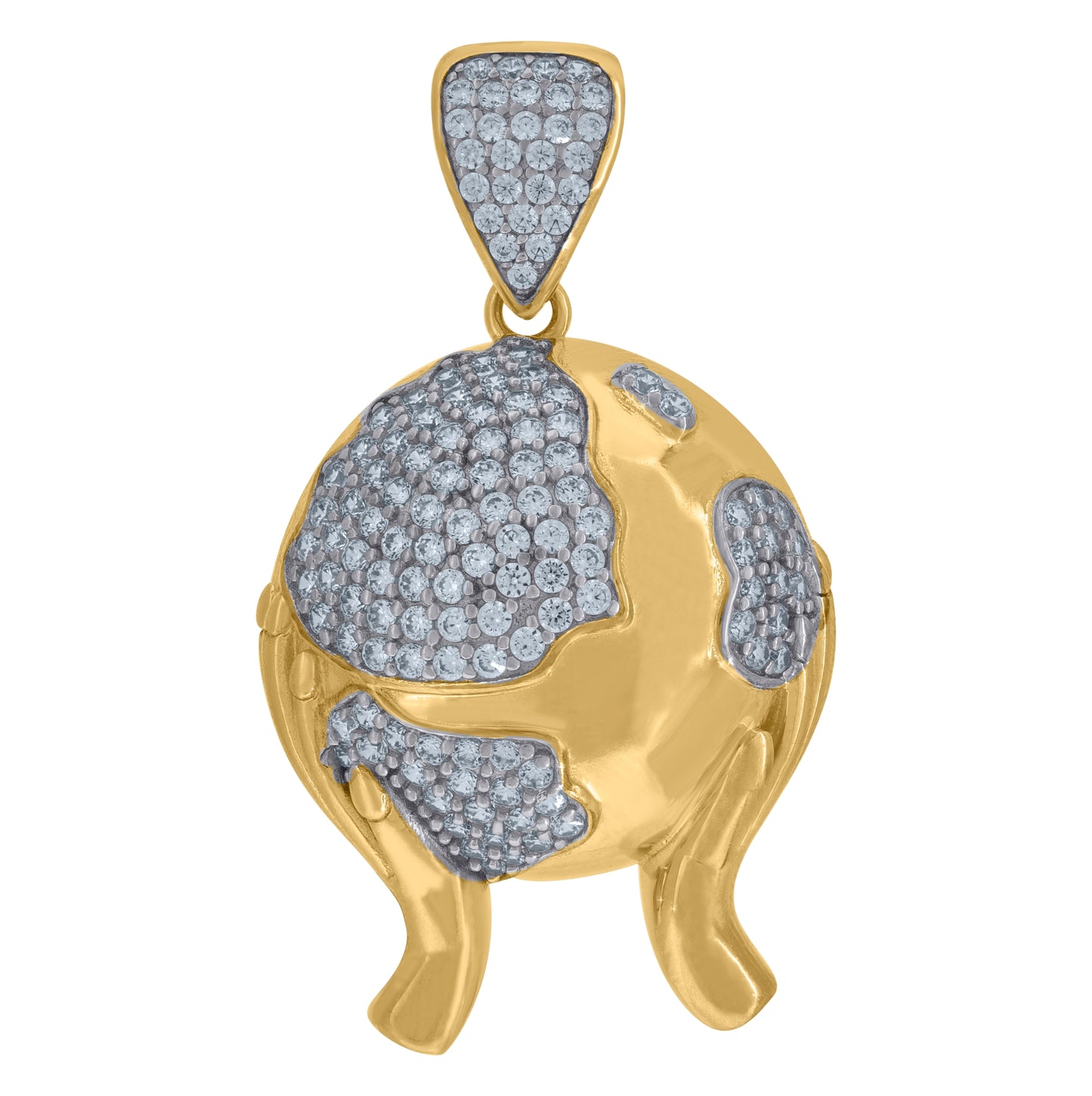 10K Two-Tone Gold Cubic Zirconia Globe In Hands Charm Pendant
