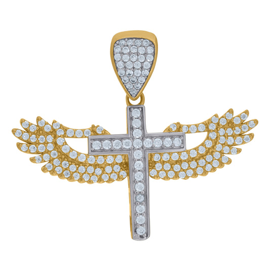10K Two-Tone Gold Cubic Zirconia Angel Wings Cross Religious Charm Pendant