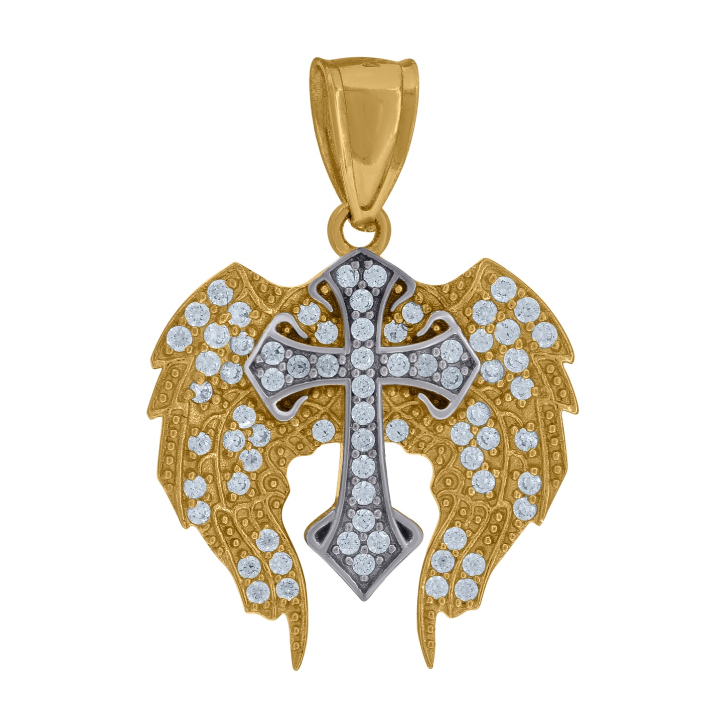 10K Two-Tone Gold Cubic Zirconia Angel Wings Cross Religious Charm Pendant