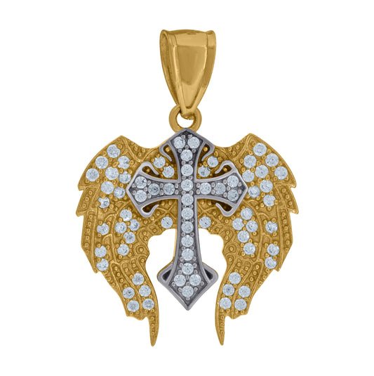 10K Two-Tone Gold Cubic Zirconia Angel Wings Cross Religious Charm Pendant