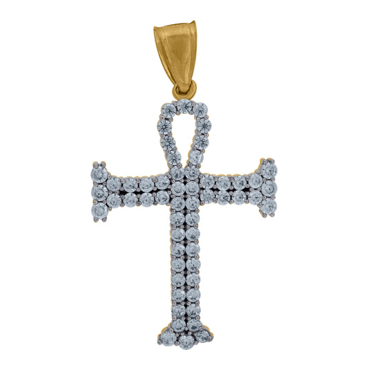 10K Two-Tone Gold Cubic Zirconia Ankh Religious Charm Pendant