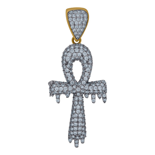 10K Two-Tone Gold Cubic Zirconia Dripping Ankh Religious Charm Pendant