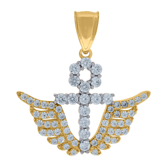 10K Two-Tone Gold Cubic Zirconia Angel Wings Ankh Religious Charm Pendant