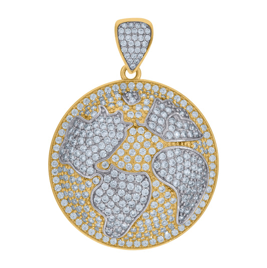 10K Two-Tone Gold Cubic Zirconia Earth Globe Map Medallion Charm Pendant