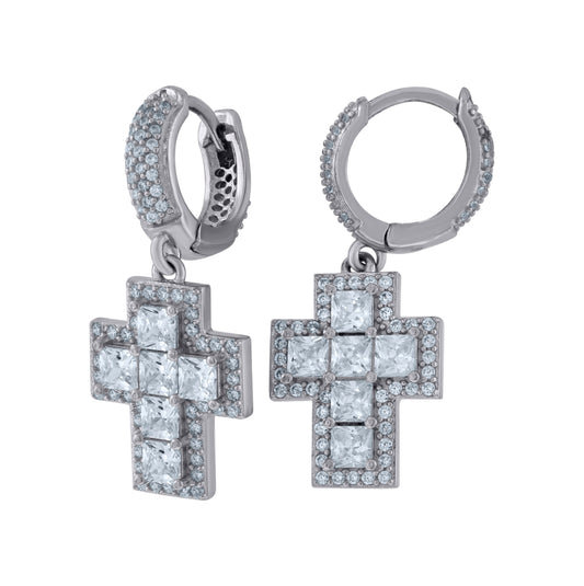 Sterling Silver Unisex Princess-Cut Cubic-Zirconia Cross Religious Dangle Hoop Earrings