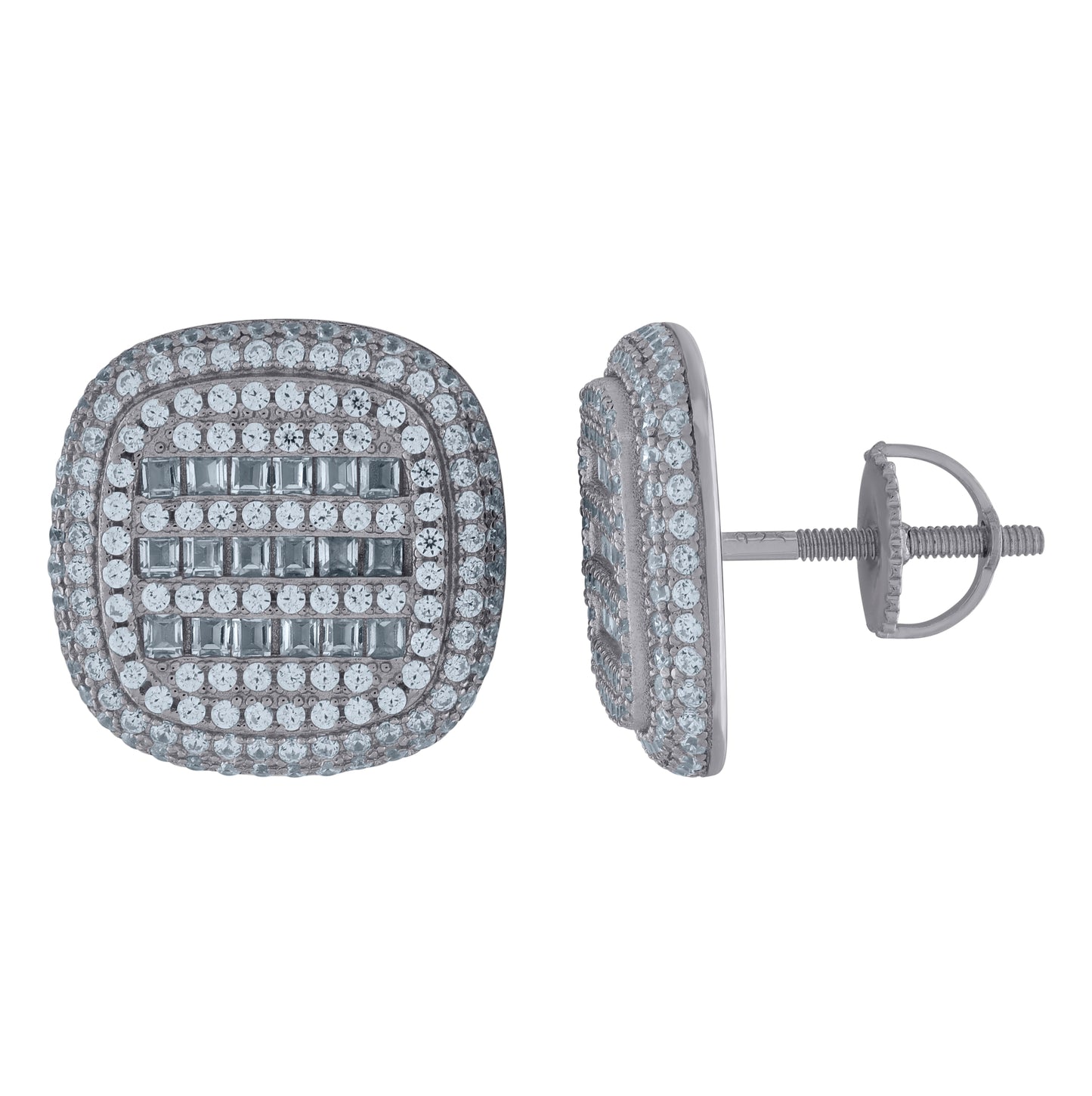 Sterling Silver Unisex Baguette Cubic-Zirconia Square Fashion Stud Earrings