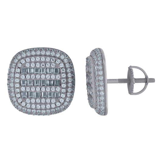 Sterling Silver Unisex Baguette Cubic-Zirconia Square Fashion Stud Earrings