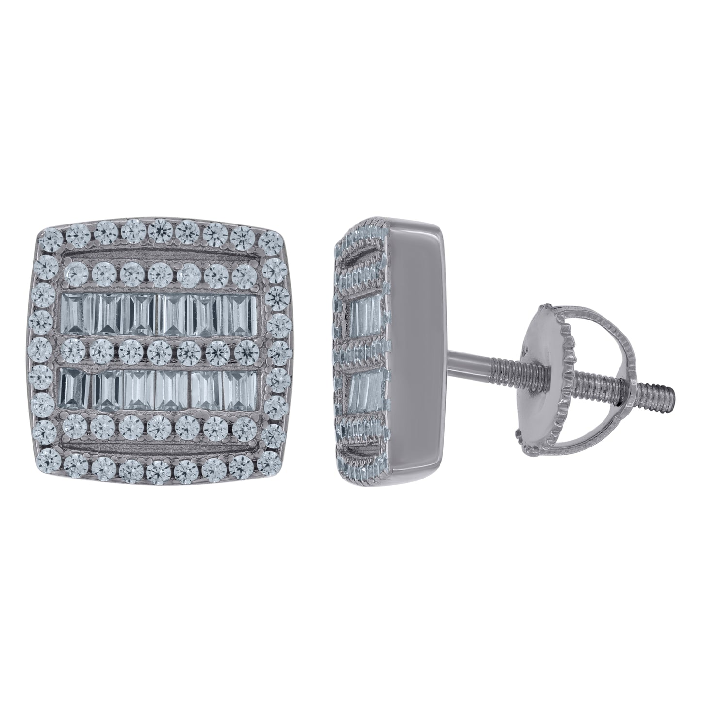 Sterling Silver Unisex Baguette Cubic-Zirconia Square Fashion Stud Earrings