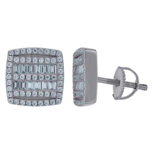Sterling Silver Unisex Baguette Cubic-Zirconia Square Fashion Stud Earrings