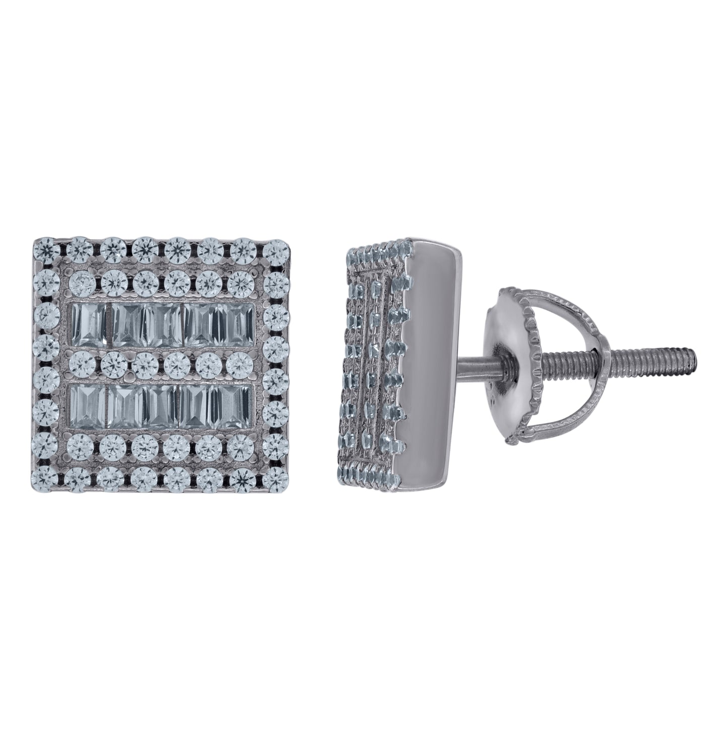 Sterling Silver Unisex Baguette Cubic-Zirconia Square Fashion Stud Earrings