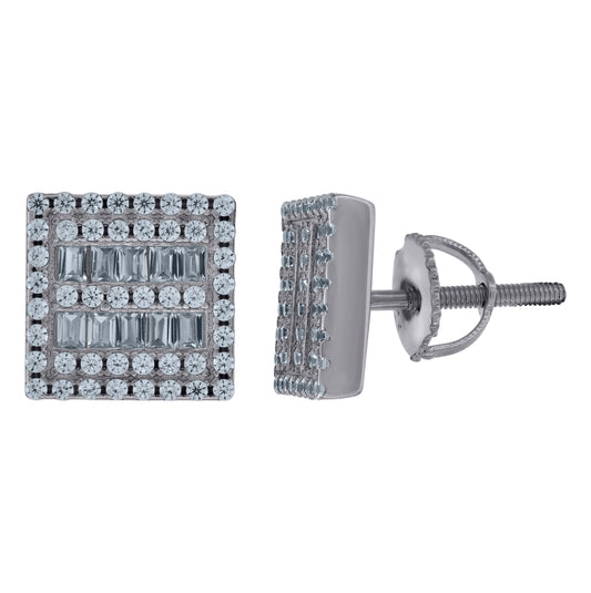 Sterling Silver Unisex Baguette Cubic-Zirconia Square Fashion Stud Earrings