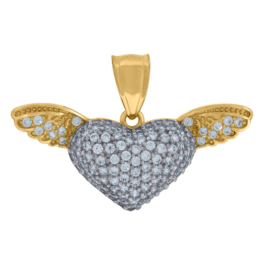 10K Two-Tone Gold Cubic Zirconia Flying Heart Wings Charm Pendant