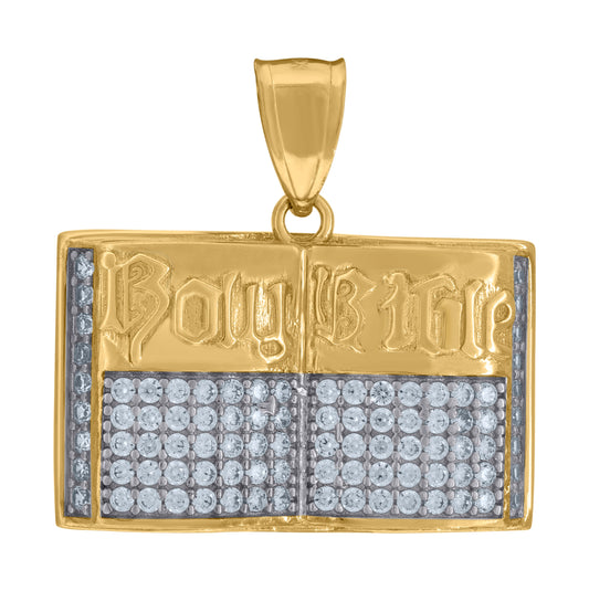 10K Two-Tone Gold Cubic Zirconia Holy Bible Religious Charm Pendant